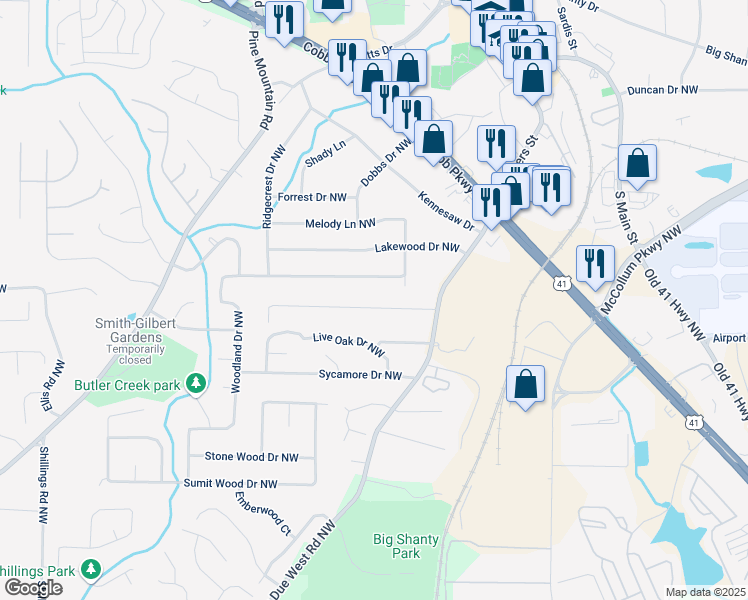 map of restaurants, bars, coffee shops, grocery stores, and more near 2460 Due West Circle Northwest in Kennesaw
