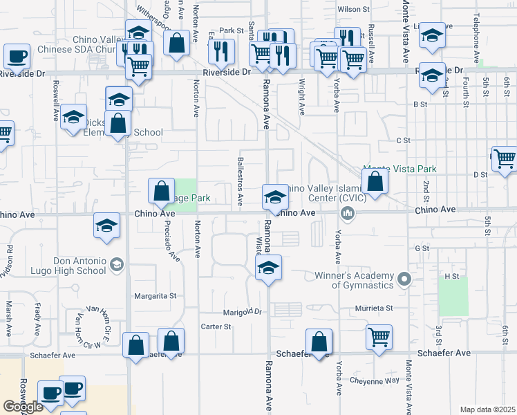 map of restaurants, bars, coffee shops, grocery stores, and more near 4473 Teresita Court in Chino