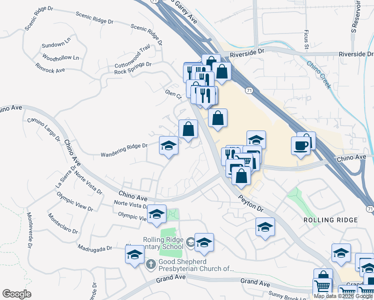 map of restaurants, bars, coffee shops, grocery stores, and more near 13319 Sonrisa Drive in Chino Hills