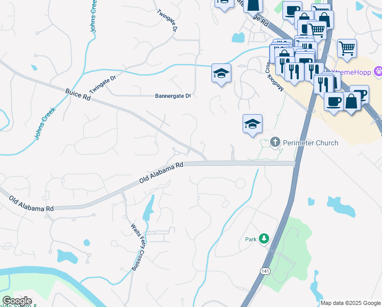map of restaurants, bars, coffee shops, grocery stores, and more near 5395 Lacosta Lane in Alpharetta