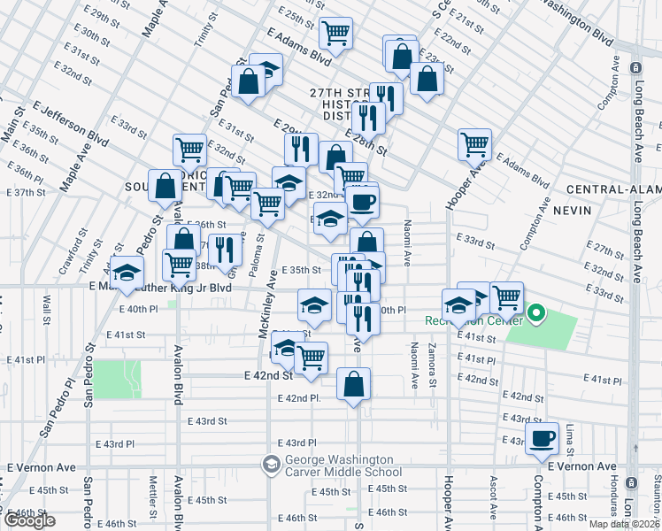 map of restaurants, bars, coffee shops, grocery stores, and more near 1010 East Jefferson Boulevard in Los Angeles