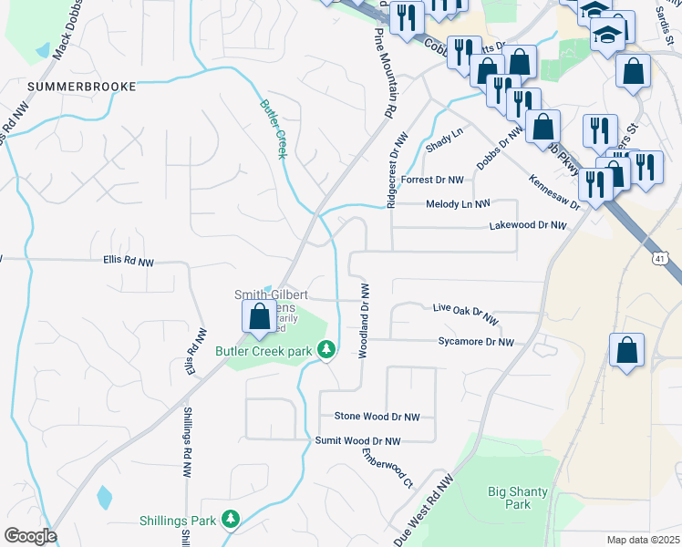 map of restaurants, bars, coffee shops, grocery stores, and more near 3020 Woodland Drive Northwest in Kennesaw