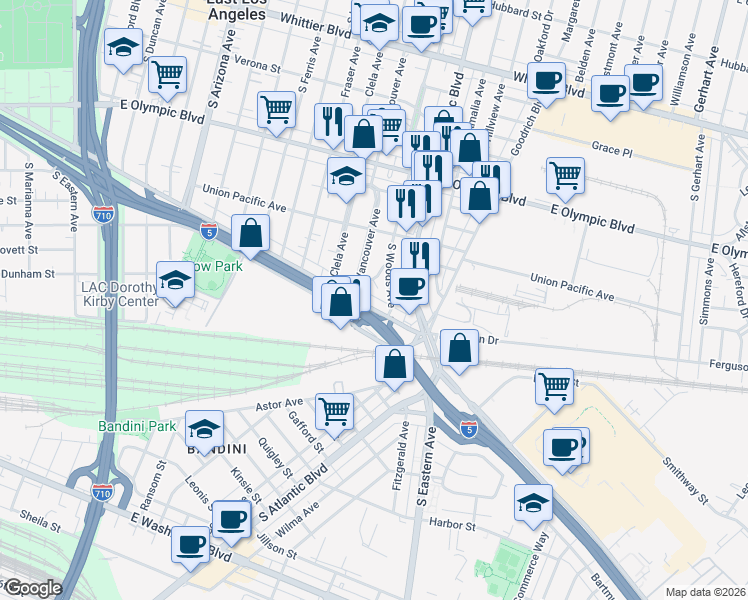 map of restaurants, bars, coffee shops, grocery stores, and more near 1424 South Woods Place in East Los Angeles