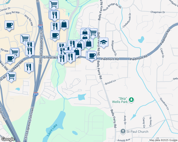 map of restaurants, bars, coffee shops, grocery stores, and more near 21 Highoak Drive in Marietta