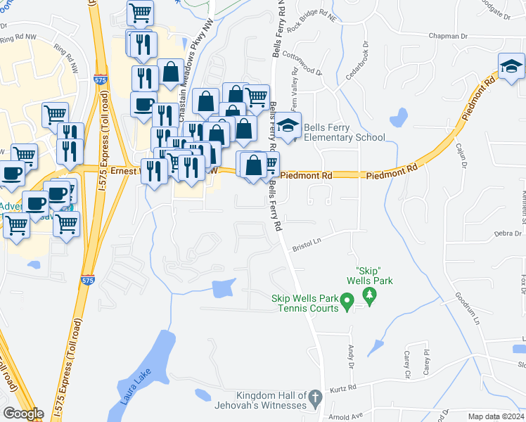 map of restaurants, bars, coffee shops, grocery stores, and more near 76 Highoak Drive in Marietta