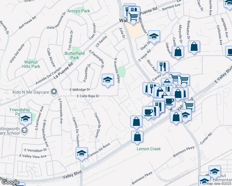 map of restaurants, bars, coffee shops, grocery stores, and more near 113 North Avenida Alipaz in Walnut