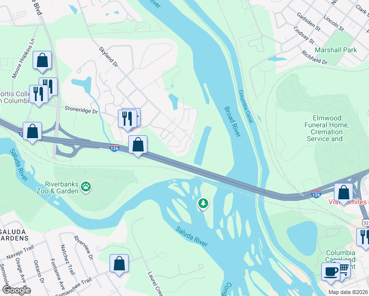 map of restaurants, bars, coffee shops, grocery stores, and more near 100 Watermark Place in Columbia