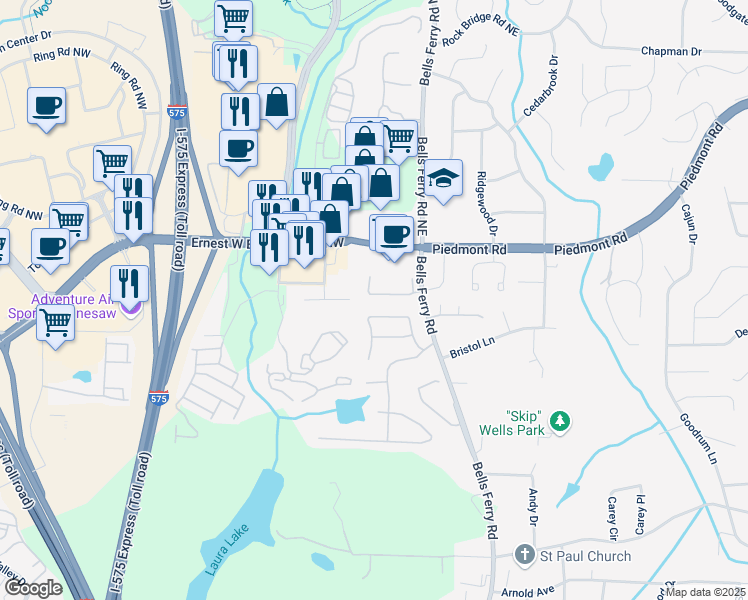 map of restaurants, bars, coffee shops, grocery stores, and more near 21 Highoak Drive in Marietta