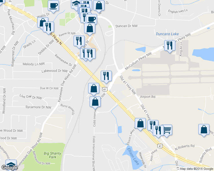 map of restaurants, bars, coffee shops, grocery stores, and more near 2420 Cobb Pkwy in Kennesaw