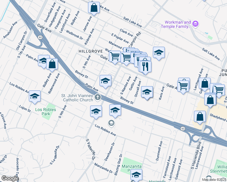 map of restaurants, bars, coffee shops, grocery stores, and more near 15220 Shadybend Drive in Hacienda Heights