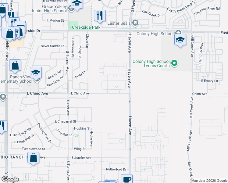 map of restaurants, bars, coffee shops, grocery stores, and more near 13210 Haven Avenue in Ontario