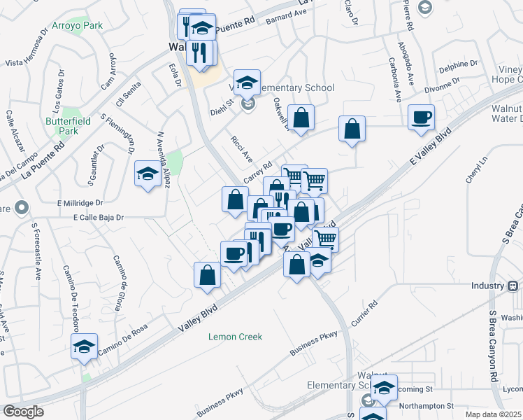 map of restaurants, bars, coffee shops, grocery stores, and more near 285 South Lemon Avenue in Walnut