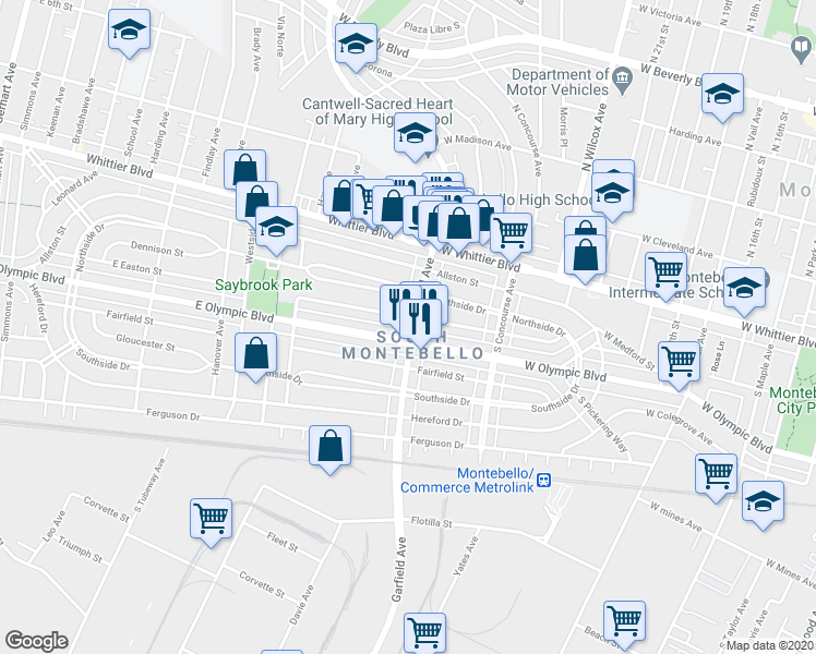 map of restaurants, bars, coffee shops, grocery stores, and more near 1019 Garfield Avenue in East Los Angeles