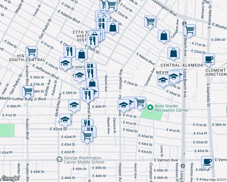 map of restaurants, bars, coffee shops, grocery stores, and more near 1270 East 34th Street in Los Angeles