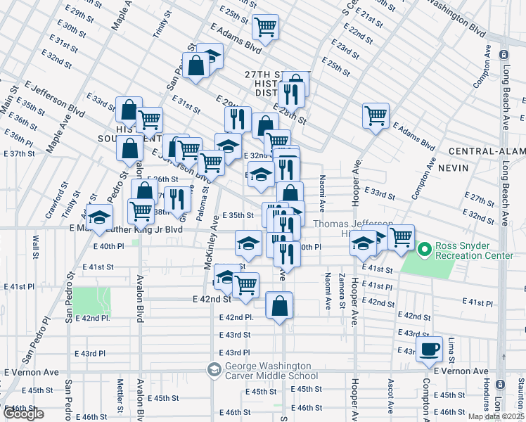 map of restaurants, bars, coffee shops, grocery stores, and more near 975 East Jefferson Boulevard in Los Angeles