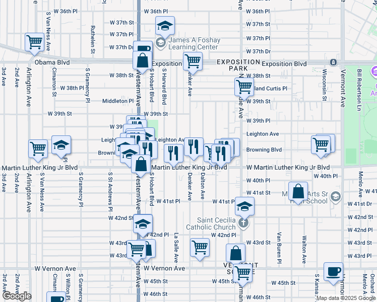 map of restaurants, bars, coffee shops, grocery stores, and more near 3959 Denker Avenue in Los Angeles