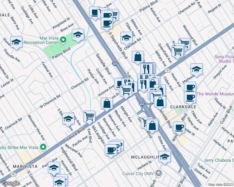 map of restaurants, bars, coffee shops, grocery stores, and more near in Los Angeles