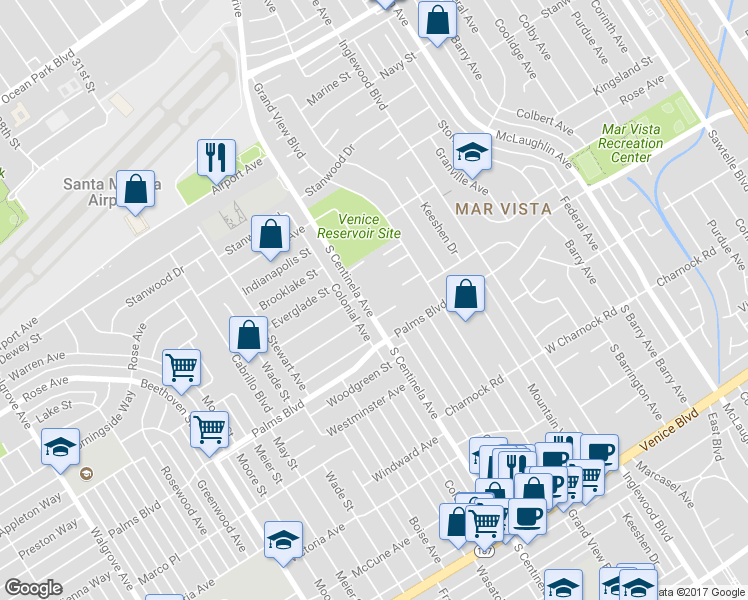 map of restaurants, bars, coffee shops, grocery stores, and more near 3406 South Centinela Avenue in Los Angeles