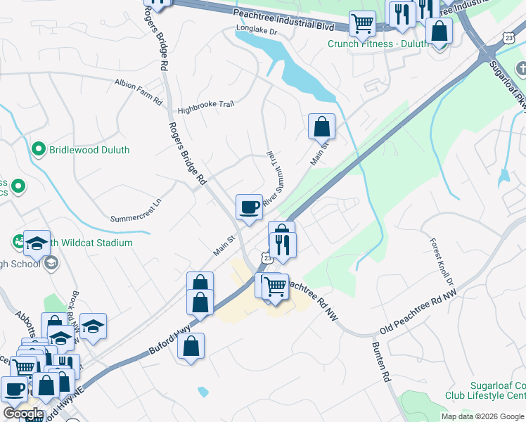 map of restaurants, bars, coffee shops, grocery stores, and more near 3510 River Summit Trail in Duluth