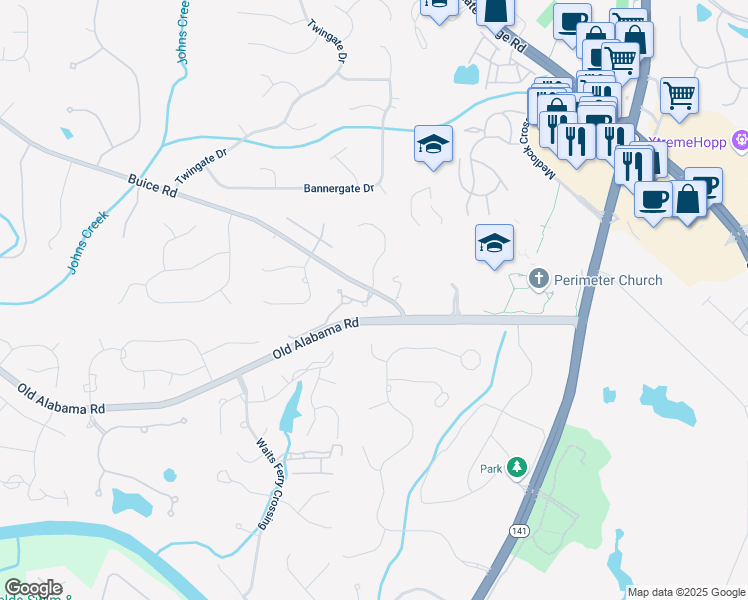 map of restaurants, bars, coffee shops, grocery stores, and more near 5395 Lacosta Lane in Alpharetta