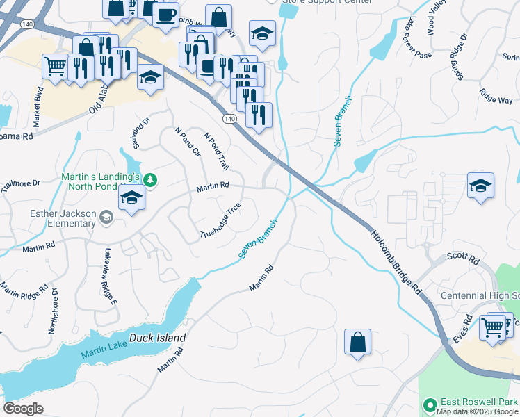 map of restaurants, bars, coffee shops, grocery stores, and more near 345 Sea Holly Circle in Roswell