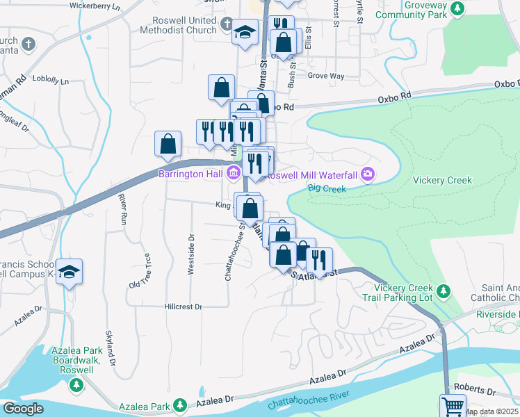map of restaurants, bars, coffee shops, grocery stores, and more near 735 Neel Reid Drive in Roswell