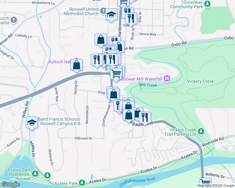 map of restaurants, bars, coffee shops, grocery stores, and more near 810 Creek View Lane in Roswell