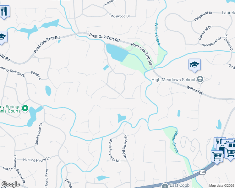 map of restaurants, bars, coffee shops, grocery stores, and more near 2695 Long Lake Drive Northeast in Roswell