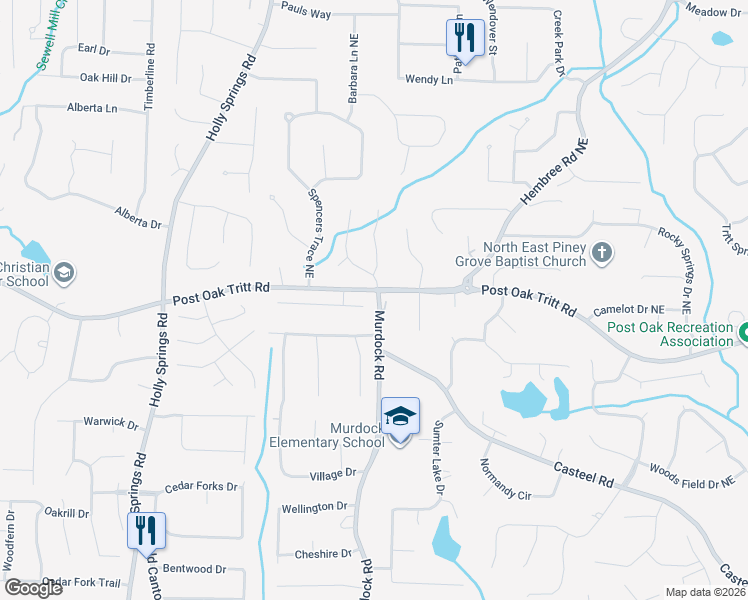 map of restaurants, bars, coffee shops, grocery stores, and more near 2600 Murdock Road in Marietta