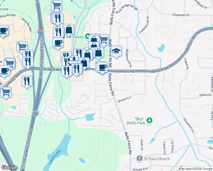 map of restaurants, bars, coffee shops, grocery stores, and more near 2543 Bells Ferry Road in Marietta