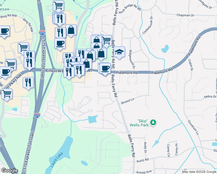 map of restaurants, bars, coffee shops, grocery stores, and more near 2543 Bells Ferry Road in Marietta
