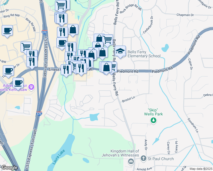 map of restaurants, bars, coffee shops, grocery stores, and more near 62 Highoak Drive in Marietta