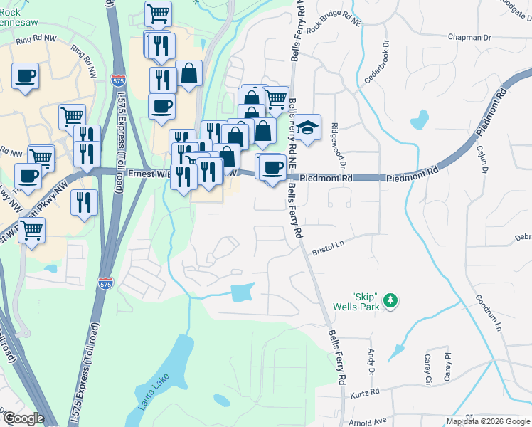 map of restaurants, bars, coffee shops, grocery stores, and more near 21 Highoak Drive in Marietta