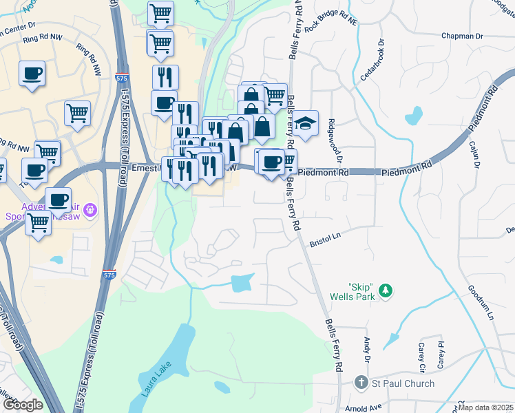 map of restaurants, bars, coffee shops, grocery stores, and more near 21 Highoak Drive in Marietta