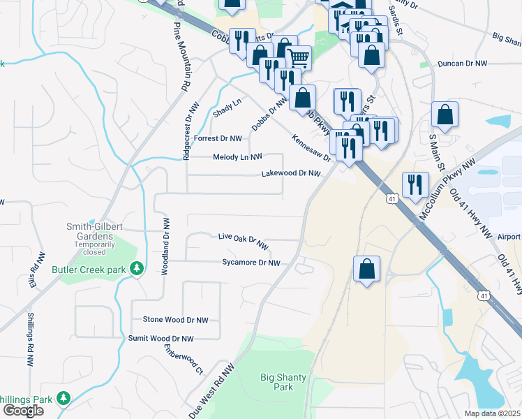 map of restaurants, bars, coffee shops, grocery stores, and more near 2460 Due West Circle Northwest in Kennesaw