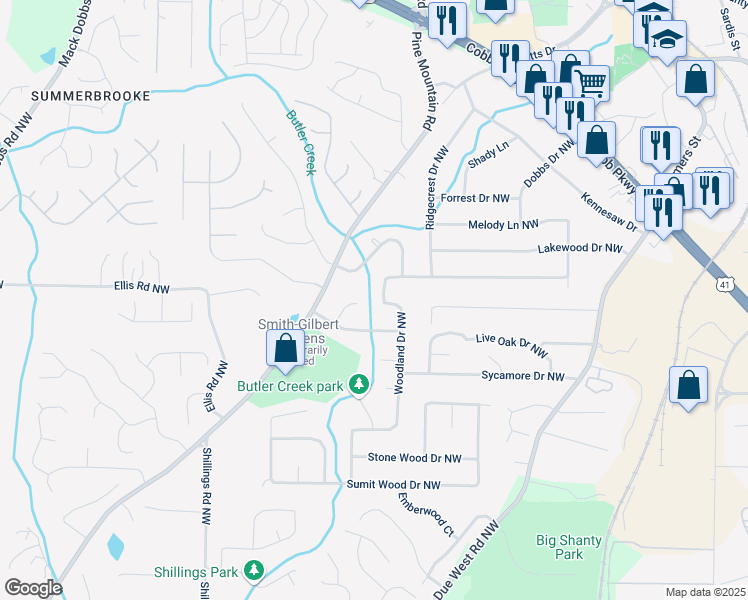 map of restaurants, bars, coffee shops, grocery stores, and more near 3020 Woodland Drive Northwest in Kennesaw