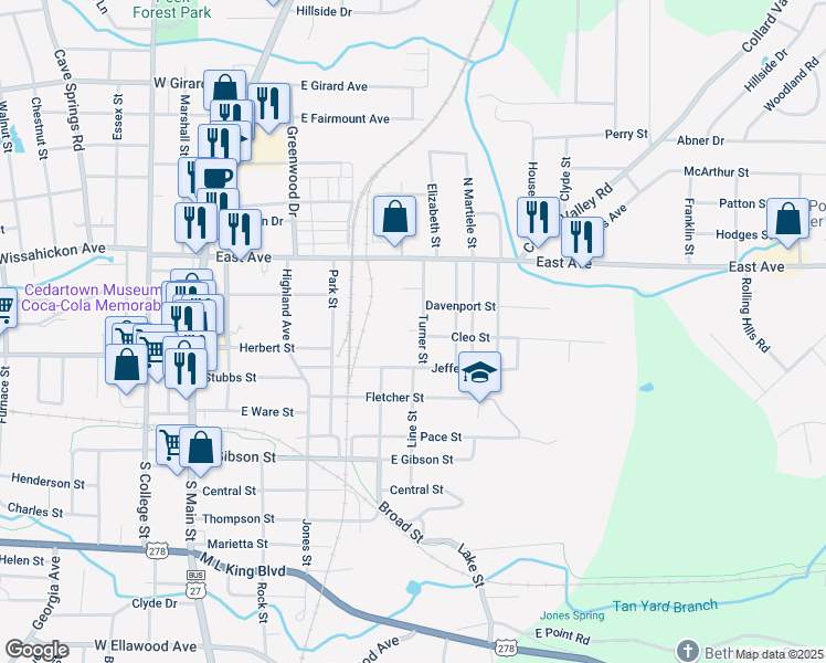 map of restaurants, bars, coffee shops, grocery stores, and more near 1201 Cleo Street in Cedartown