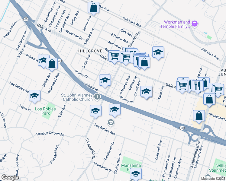 map of restaurants, bars, coffee shops, grocery stores, and more near 15220 Shadybend Drive in Hacienda Heights