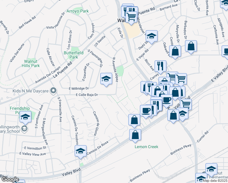 map of restaurants, bars, coffee shops, grocery stores, and more near 113 North Avenida Alipaz in Walnut