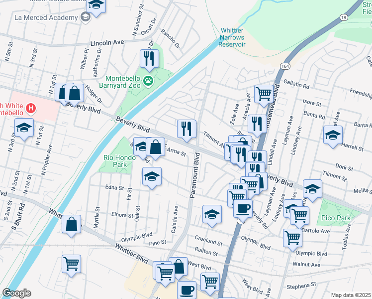 map of restaurants, bars, coffee shops, grocery stores, and more near 8554 Beverly Boulevard in Pico Rivera