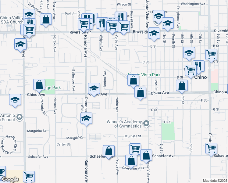 map of restaurants, bars, coffee shops, grocery stores, and more near 4673 Appaloosa Street in Chino