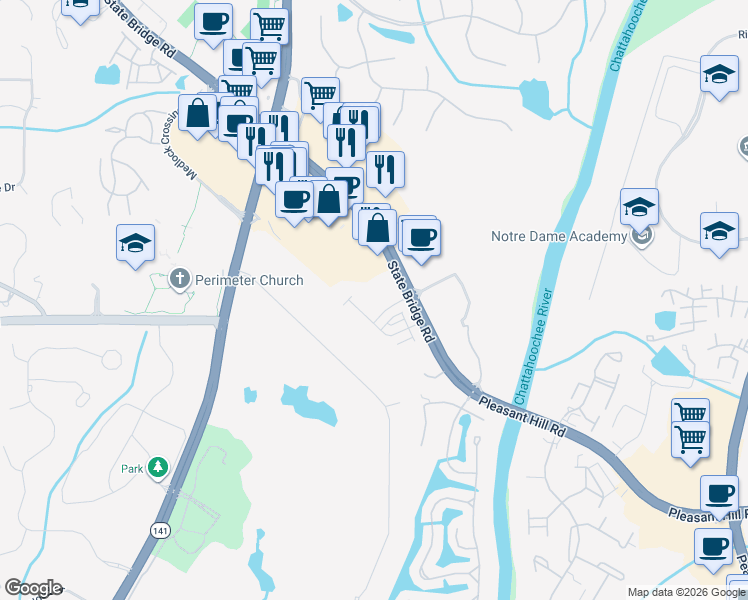 map of restaurants, bars, coffee shops, grocery stores, and more near 5975 State Bridge Rd in Duluth