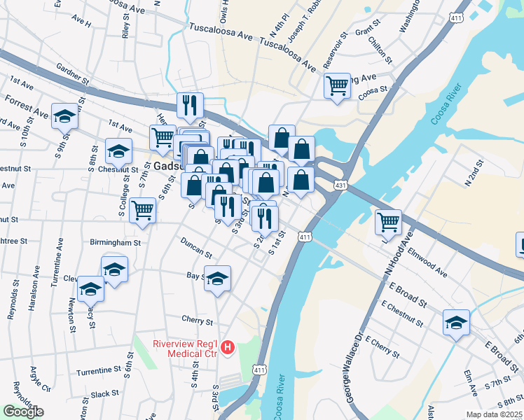 map of restaurants, bars, coffee shops, grocery stores, and more near 235 Broad Street in Gadsden
