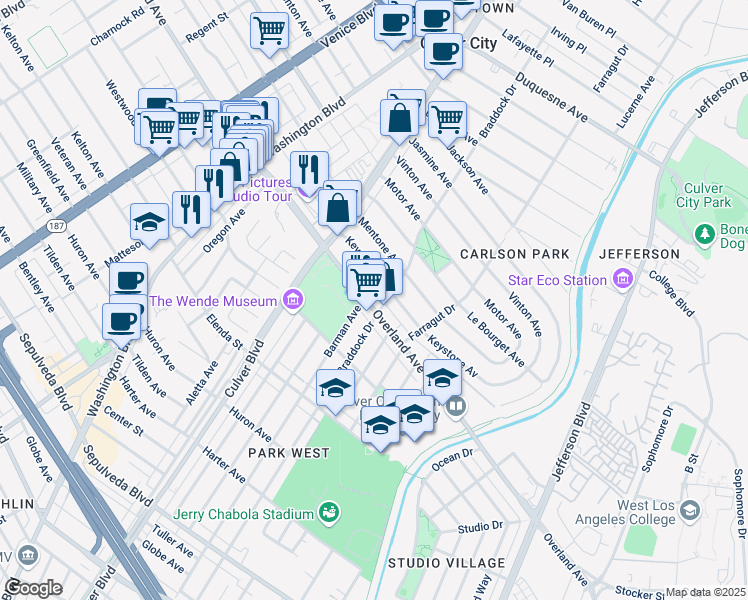 map of restaurants, bars, coffee shops, grocery stores, and more near 4208 Overland Avenue in Culver City