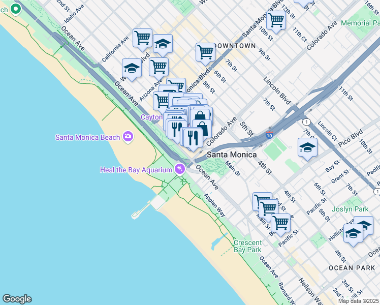 map of restaurants, bars, coffee shops, grocery stores, and more near in Santa Monica