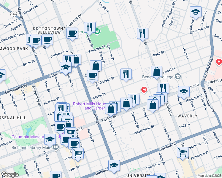 map of restaurants, bars, coffee shops, grocery stores, and more near 1818 Henderson Street in Columbia