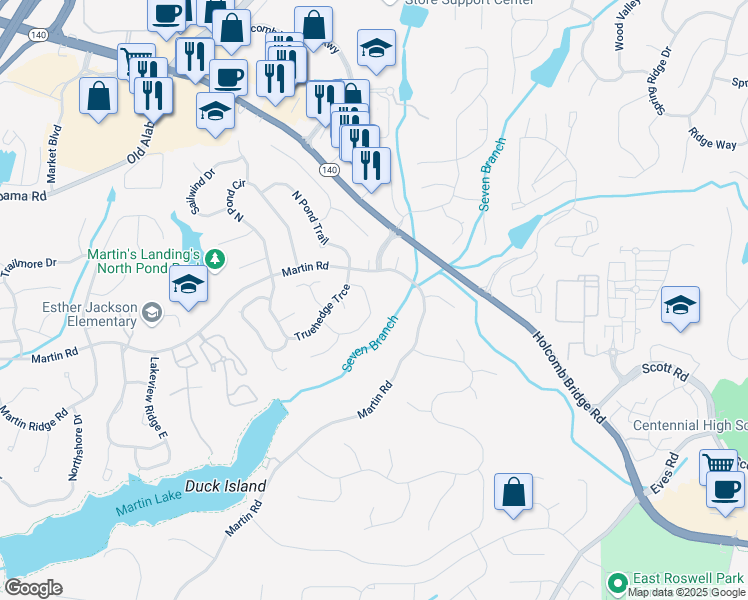 map of restaurants, bars, coffee shops, grocery stores, and more near 345 Sea Holly Circle in Roswell