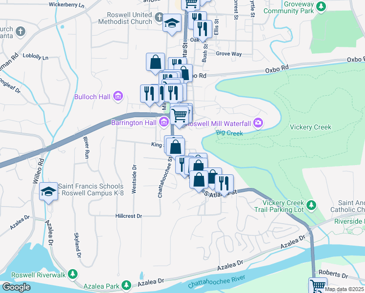 map of restaurants, bars, coffee shops, grocery stores, and more near 735 Neel Reid Drive in Roswell