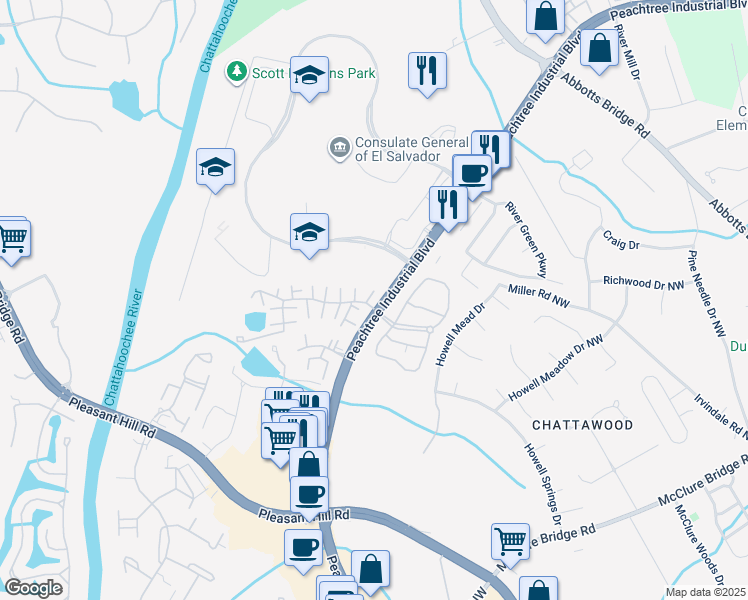 map of restaurants, bars, coffee shops, grocery stores, and more near 4103 Ashford Green Drive in Duluth
