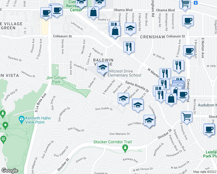 map of restaurants, bars, coffee shops, grocery stores, and more near 4045 South Muirfield Road in Los Angeles